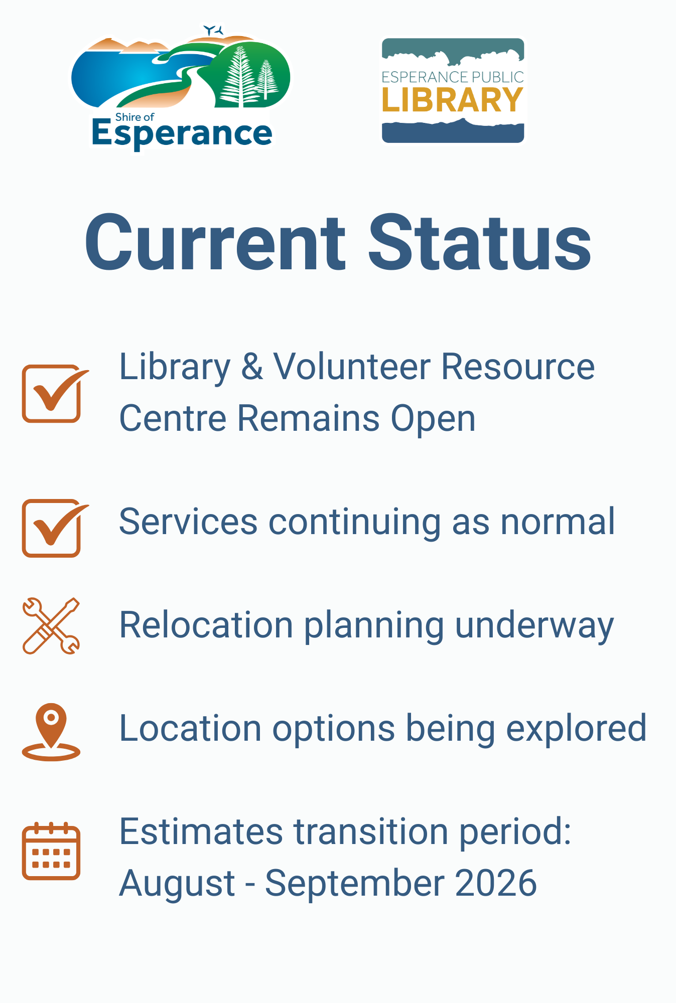 Current Status: Library remains open, Services continuing as normal, Relocation planning underway, location options being explored, Estimated transition period: August–September 2026